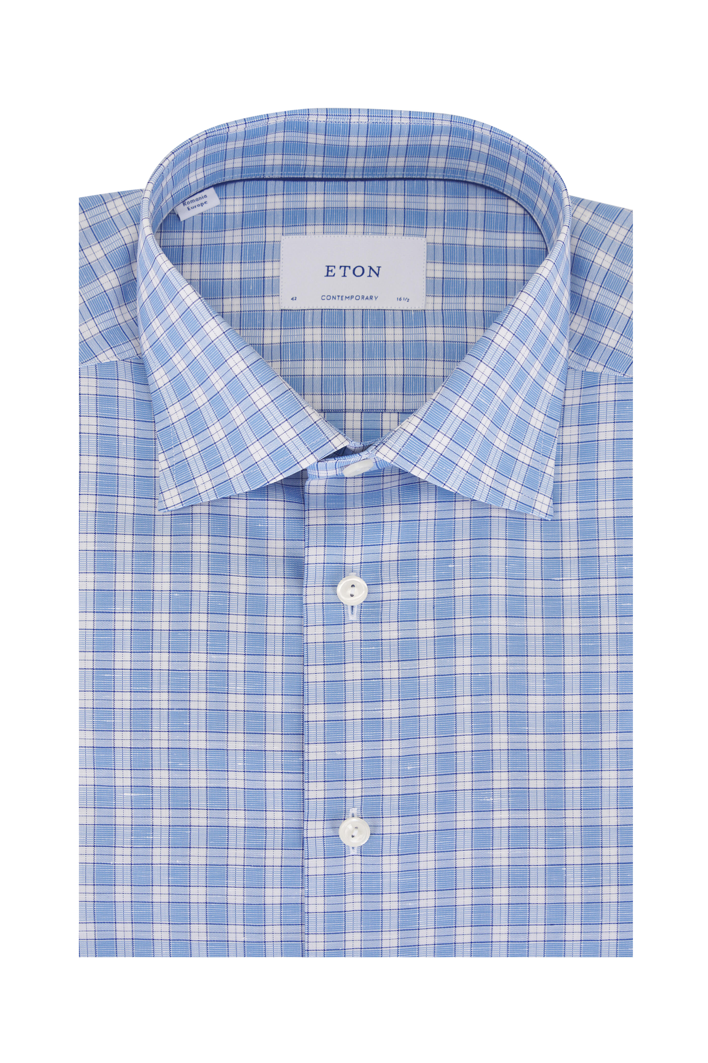 Eton - Blue & White Check Cotton & Linen Dress Shirt