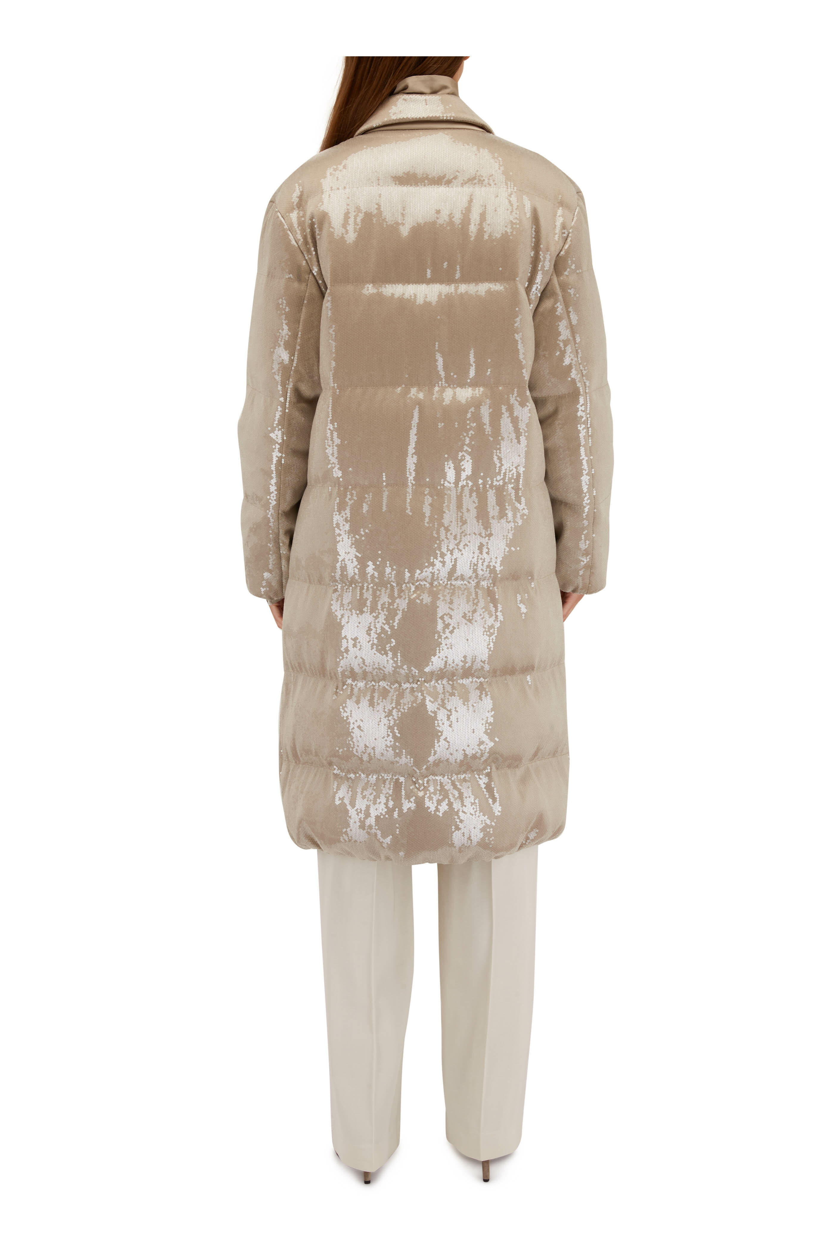 Brunello Cucinelli - Beige Paillette Double Breasted Long Down Puffer