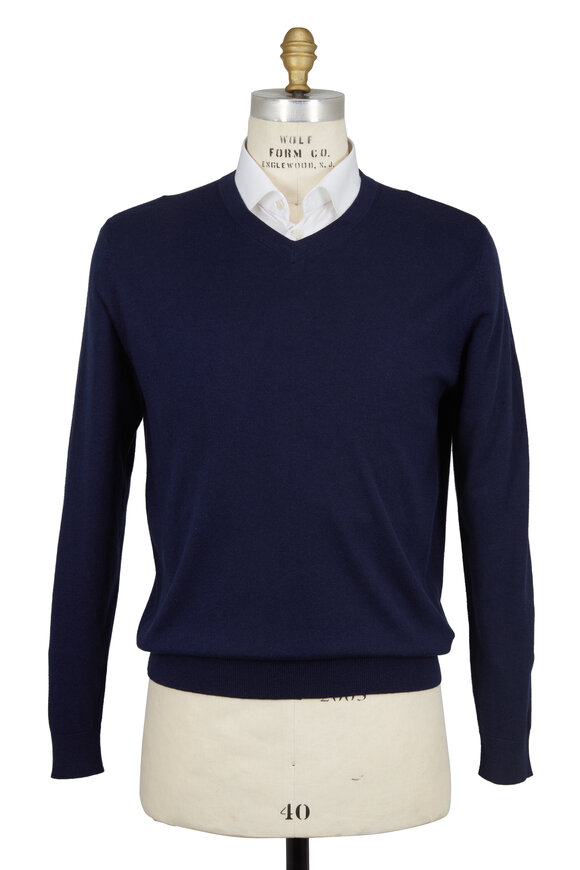 Kinross - Navy Blue Silk & Cashmere V-Neck Sweater