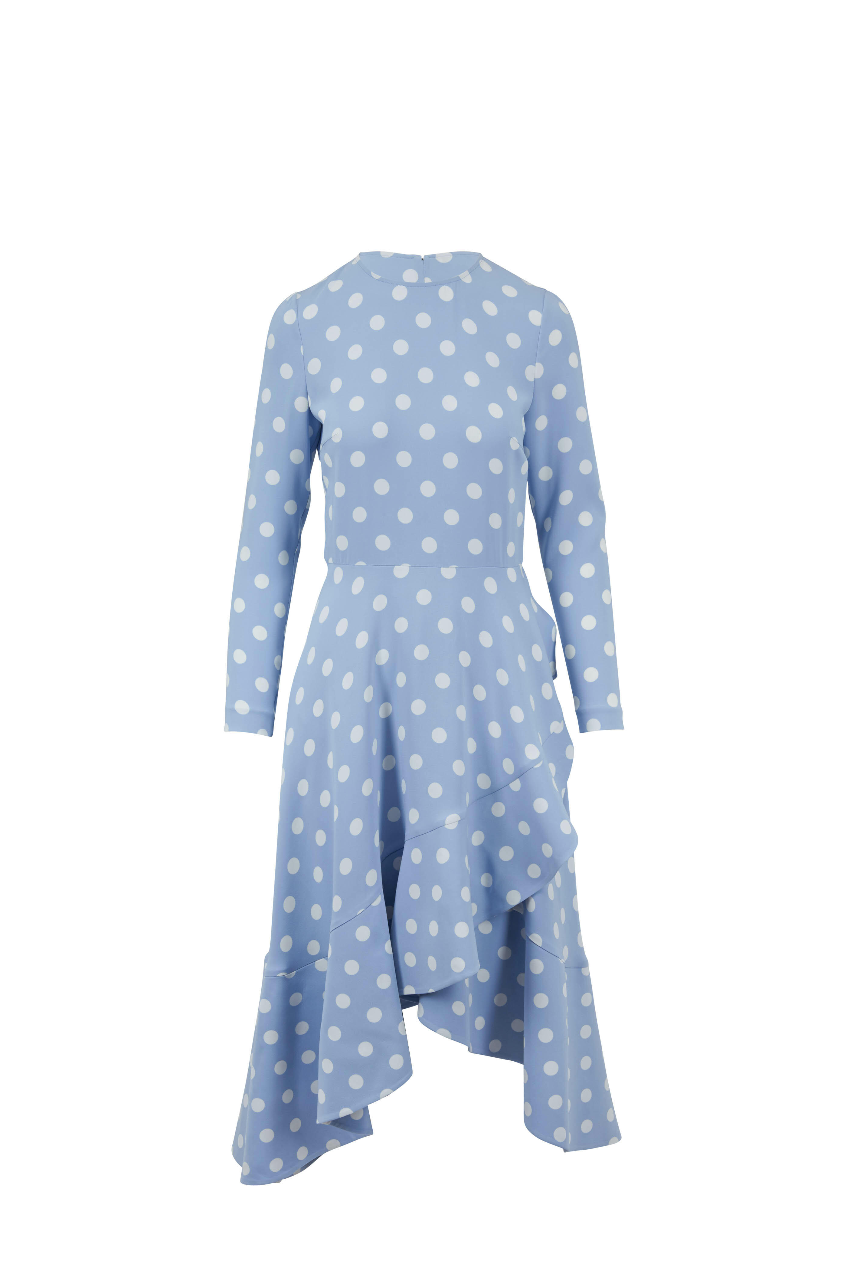 Oscar de la Renta - Light Blue Dot Stretch Silk Ruffle Dress
