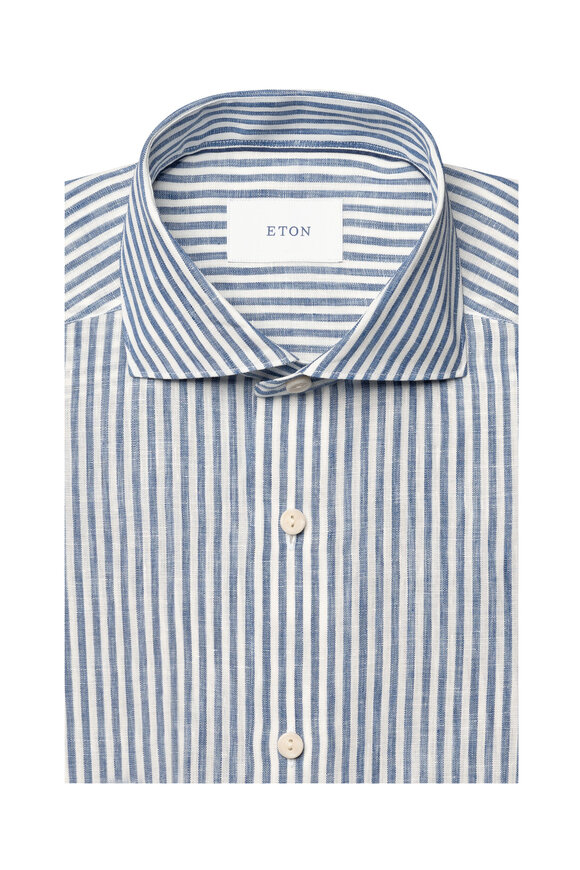 Eton Blue & White Stripe Linen Dress Shirt - view 7