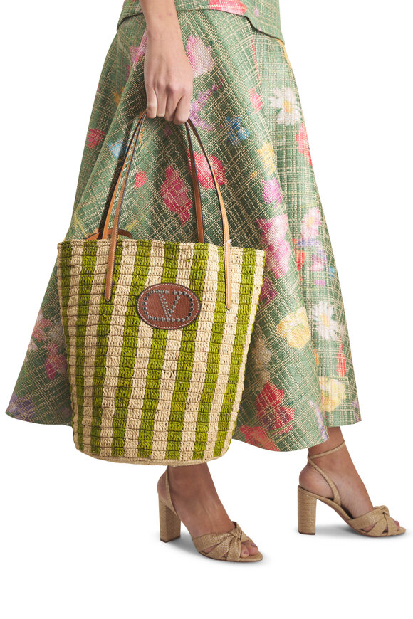 Valentino Garavani VLogo Green & Natural Stripe Raffia Tote - view 2