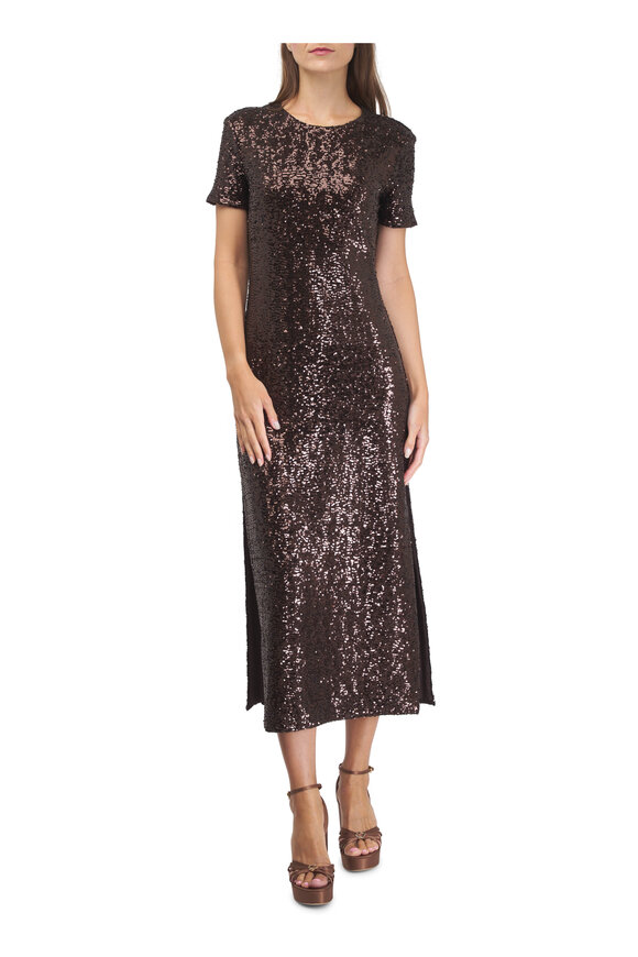 Michael Kors Collection Chocolate Sequin Stretch Midi T-Shirt Dress - view 2