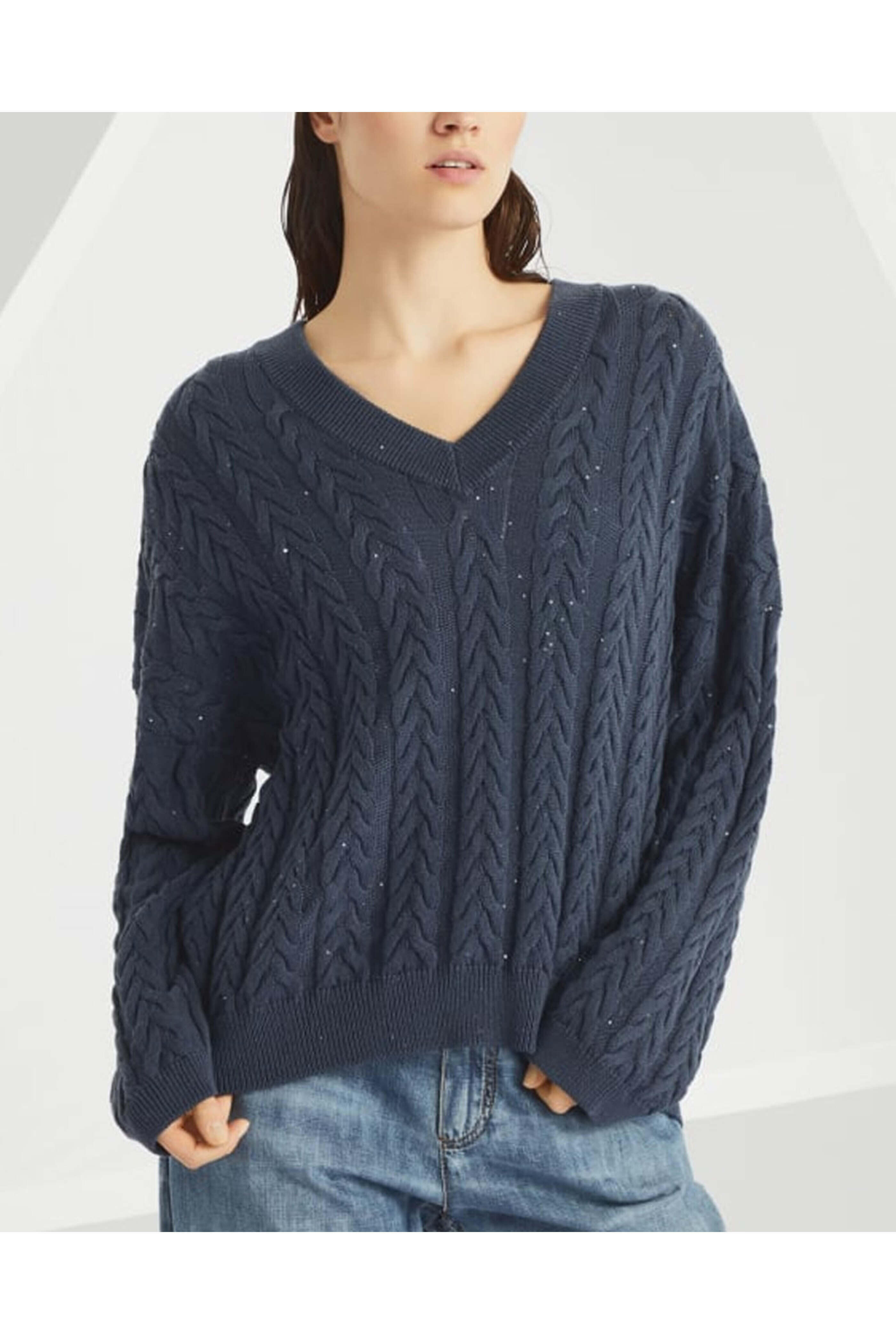 Brunello Cucinelli - Navy Double Cableknit V Neck Sweater