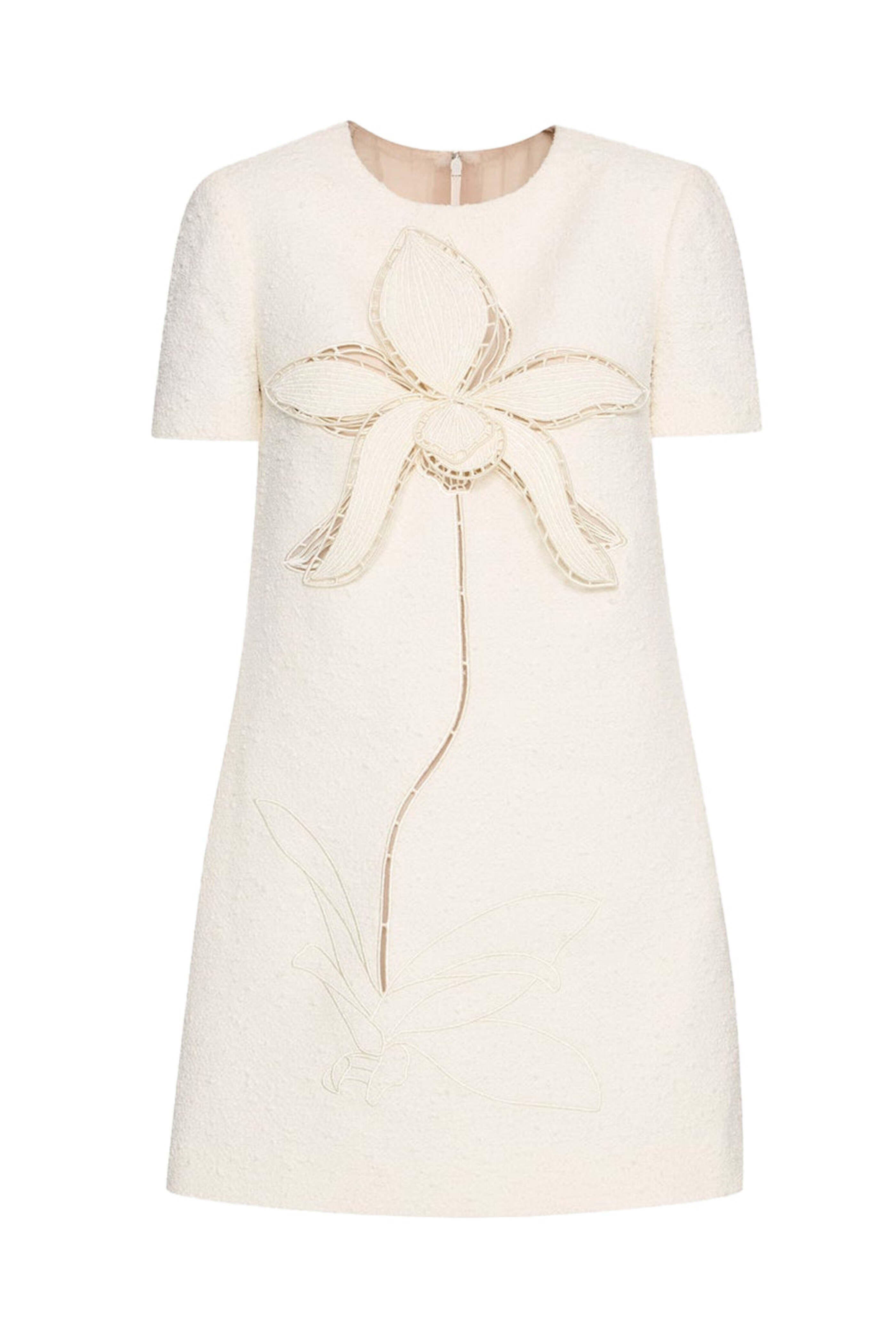 Oscar de la Renta - Ivory Floral Embellished Tweed Shift Dress