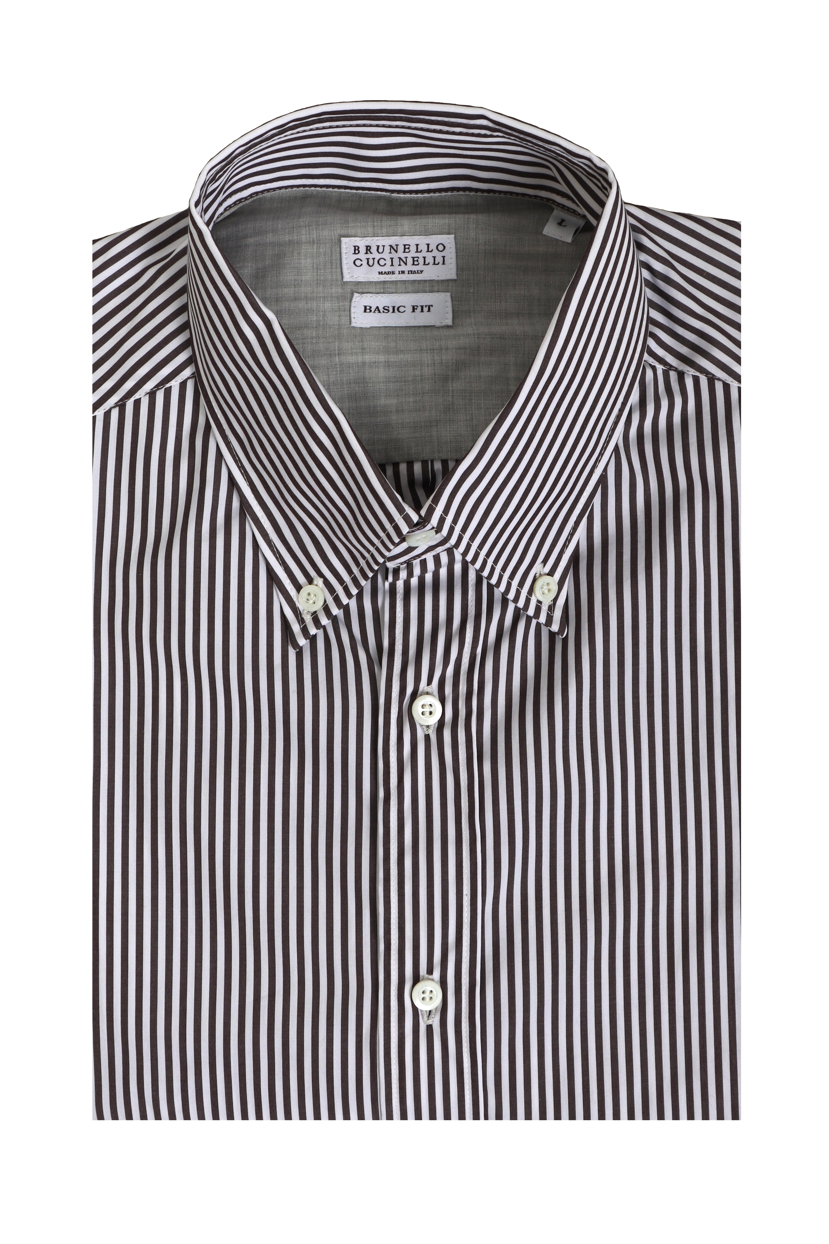 Brunello Cucinelli - White & Brown Striped Cotton Sport Shirt