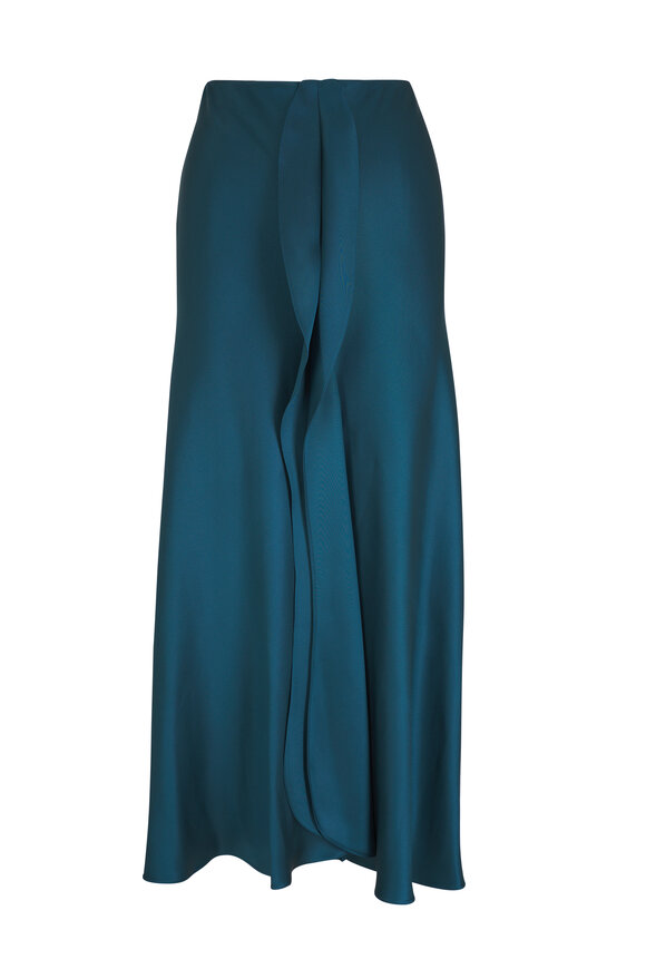 Giorgio Armani Forest Green Front Ruffle Fluted Silk Midi Skirt 