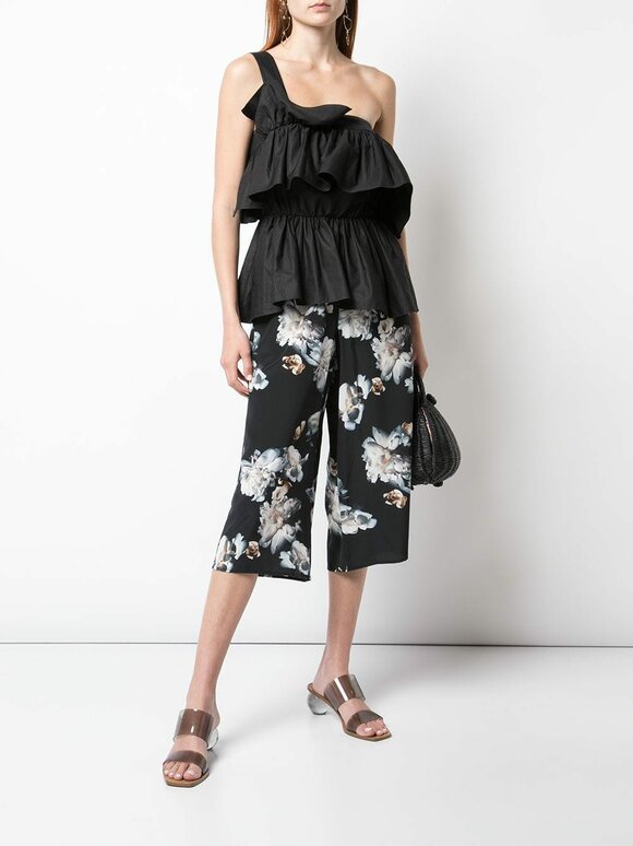 Vince - Black Silk Peony Print Pull-On Culottes