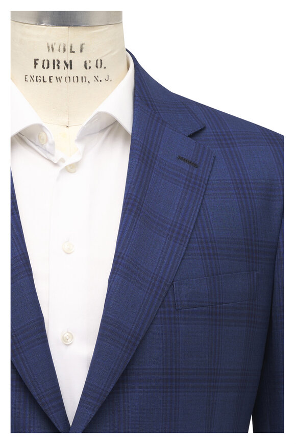 Brioni Navy Blue Windowpane Plaid Wool Sportcoat