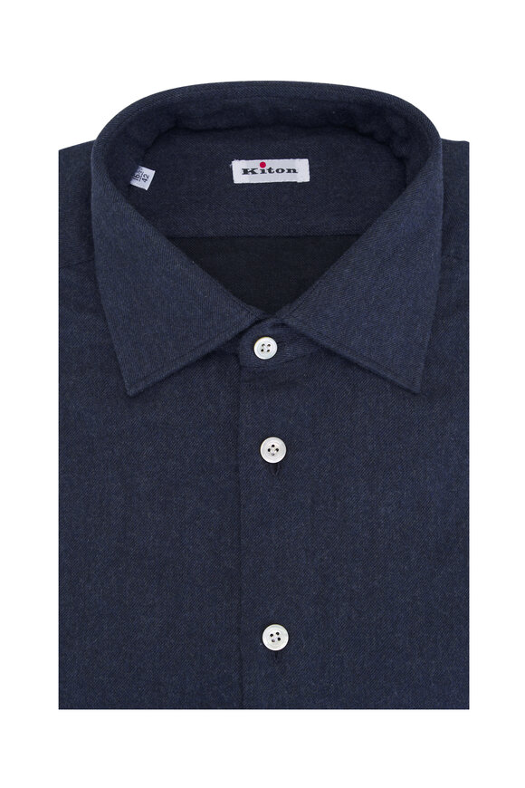 Kiton Charcoal Blue Cotton Flannel Dress Shirt 