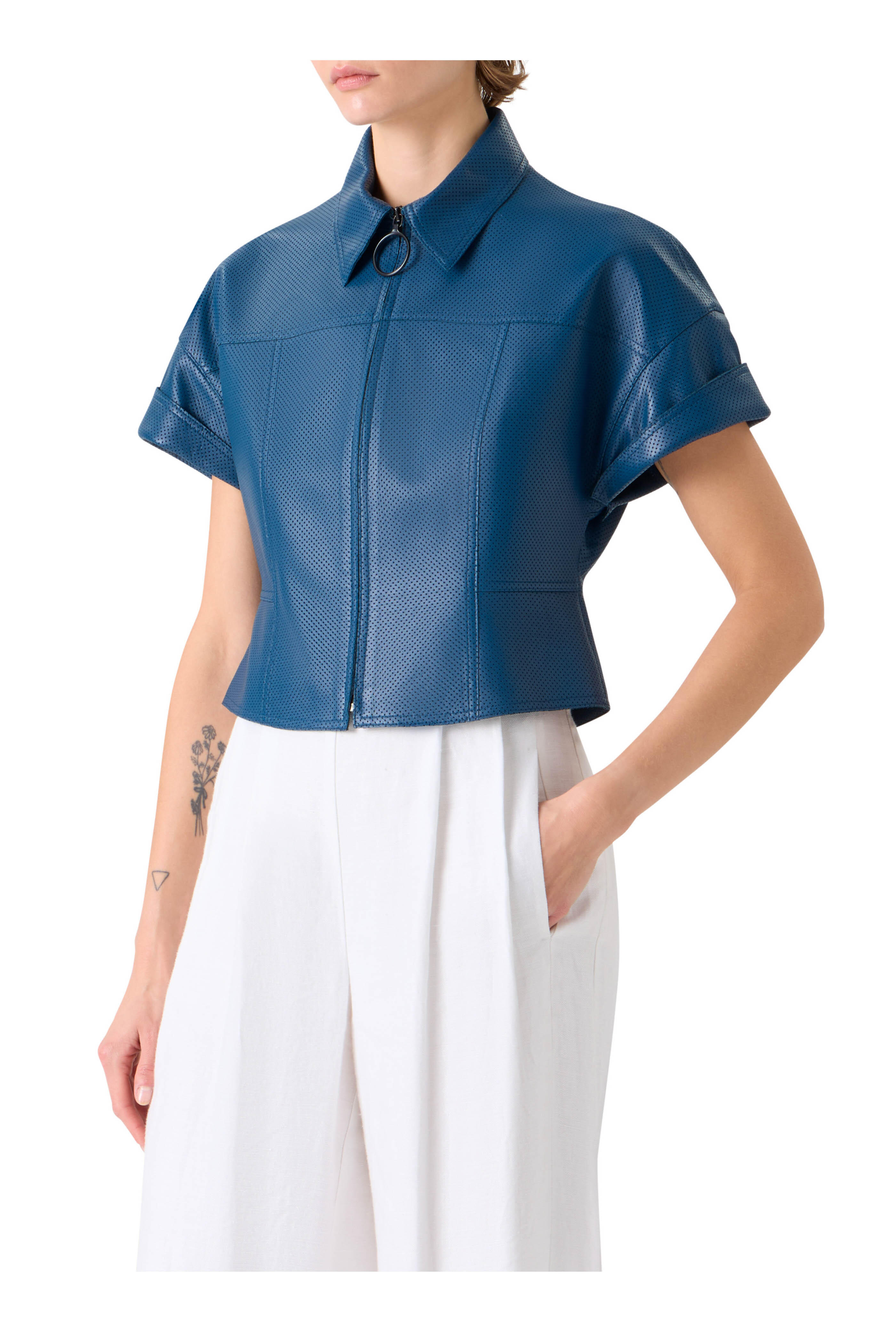 Akris Punto - Kimono Dark Blue Pin Dot Leather Shirt