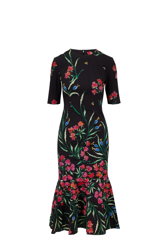 Carolina Herrera - Black Floral Print Elbow-Sleeve Trumpet Midi Dress