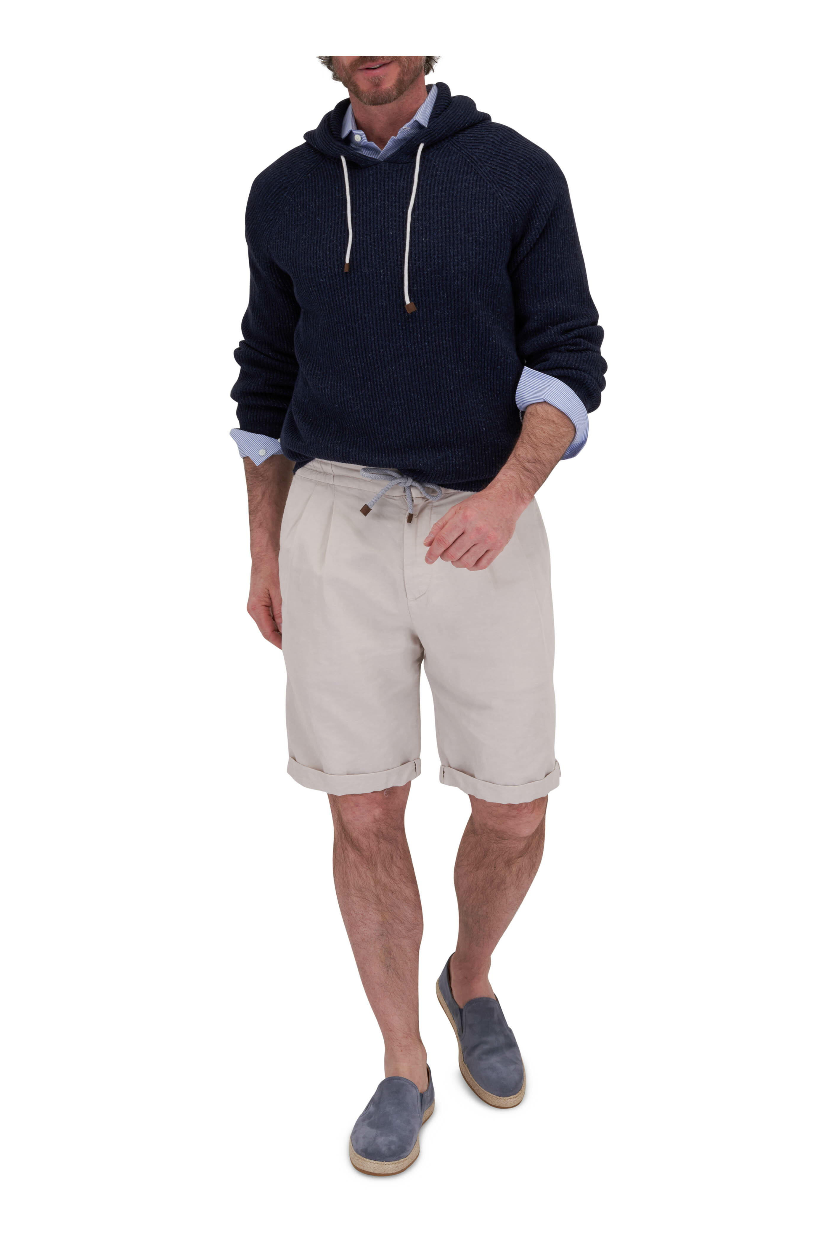 Brunello Cucinelli - Navy Ribbed Cotton & Linen Hoodie