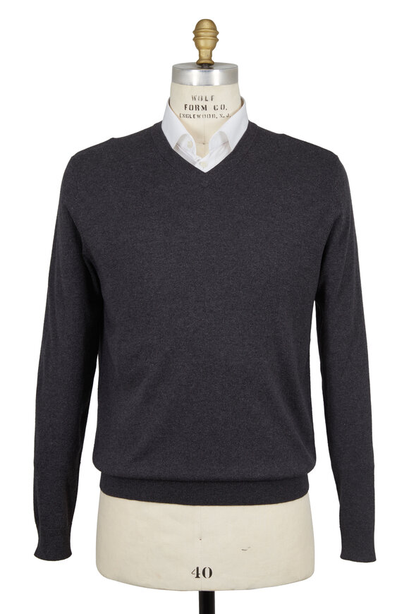 Kinross - Charcoal Gray Silk & Cashmere V-Neck Sweater
