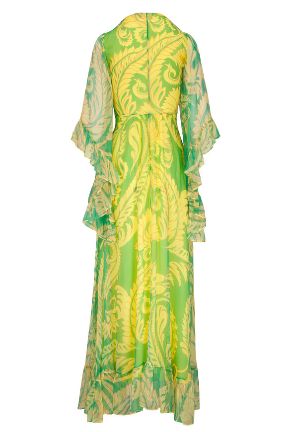 Etro - Green Printed Silk V-Neck Ruffle Sleeve Gown 