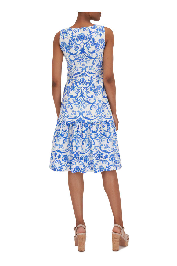 Carolina Herrera - Blue & White Floral Ruffle Hem Dress 