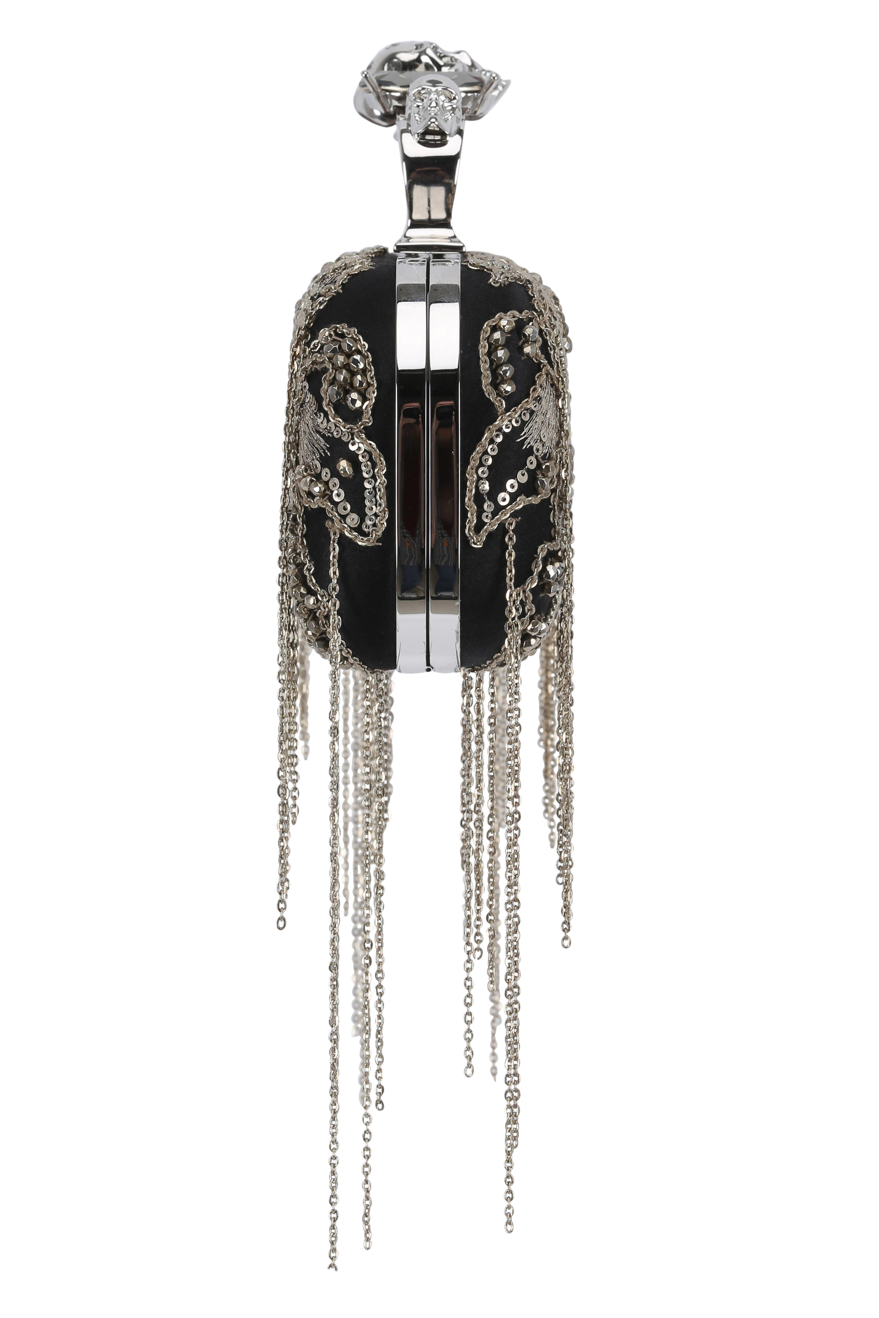 McQueen - Black Satin Chain Embroidered Knuckle Box Clutch
