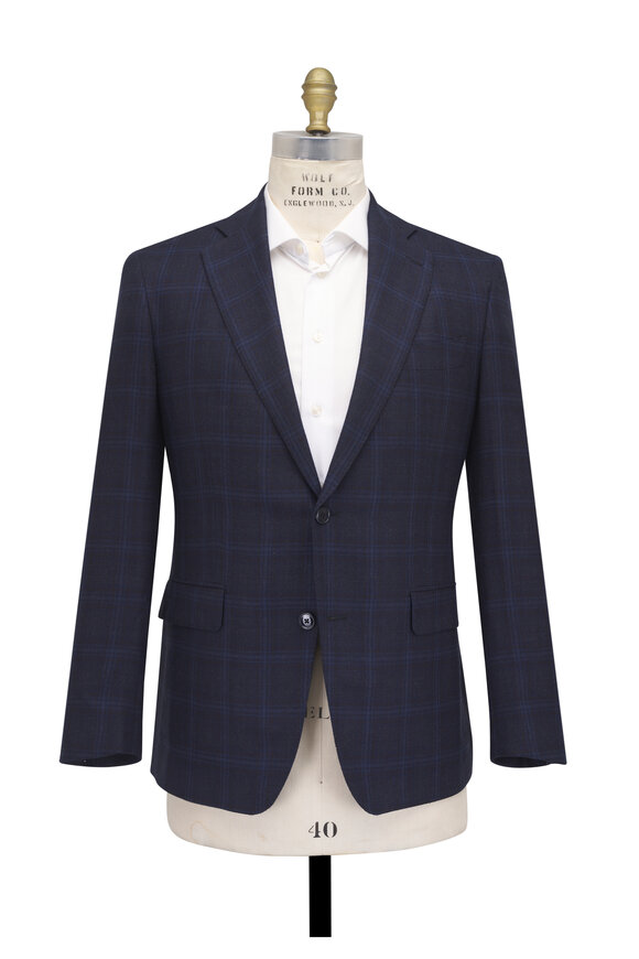 Atelier Munro Navy Blue Silk & Wool Check Sportcoat - view 2