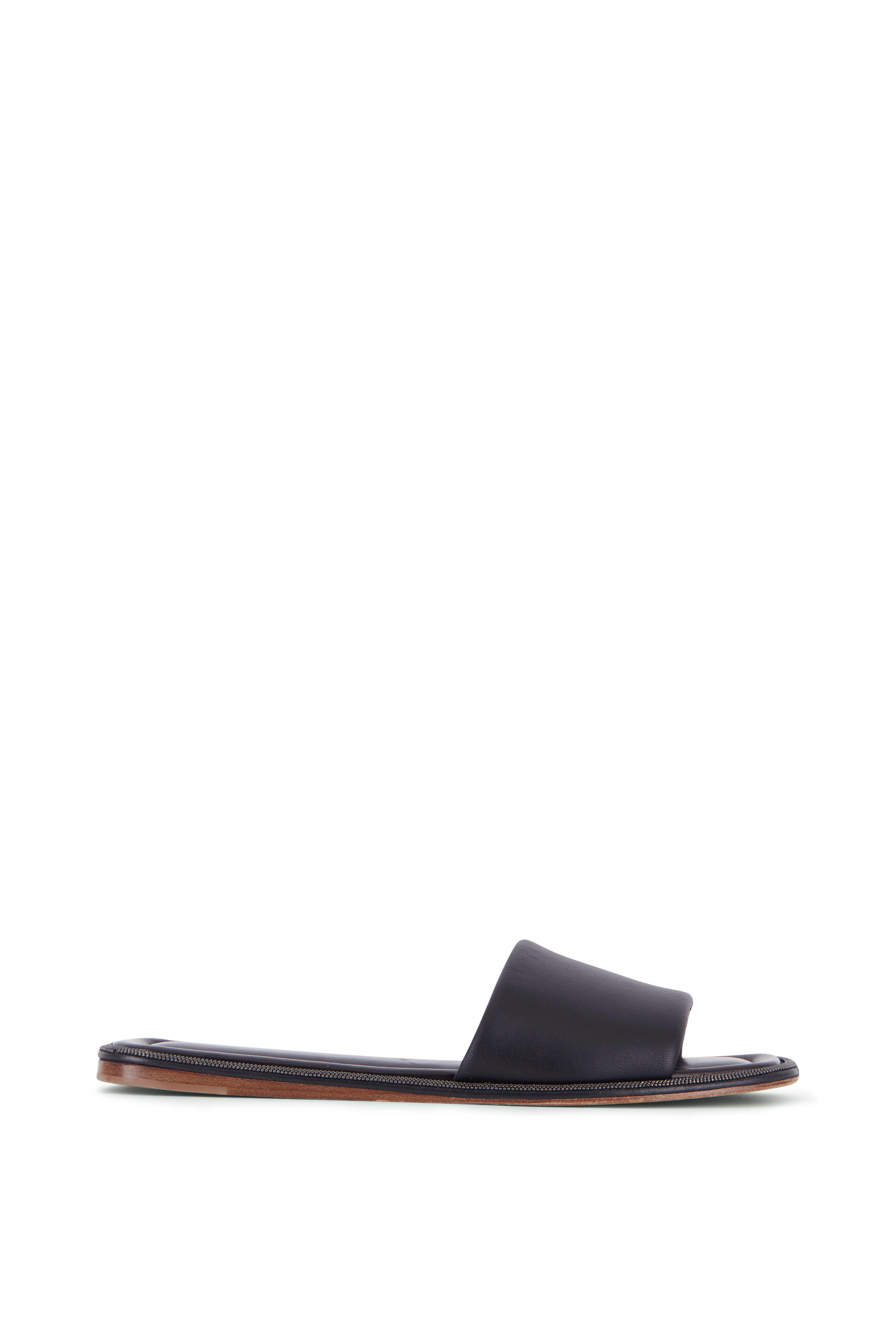 サンダル・ミュール BRUNELLO CUCINELLI FLAT MULES IN BRUSHED LEATHER WITH MONILI Brunello Cucinelli - Sesame Leather Monili Mule, 60mm