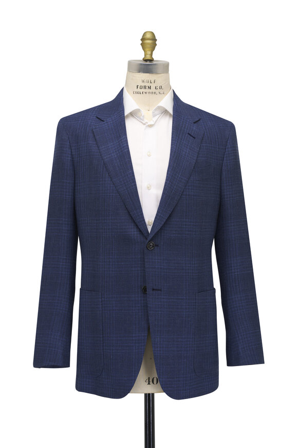 Zegna Blue Tonal Plaid Wool, Silk & Linen Sportcoat - view 2