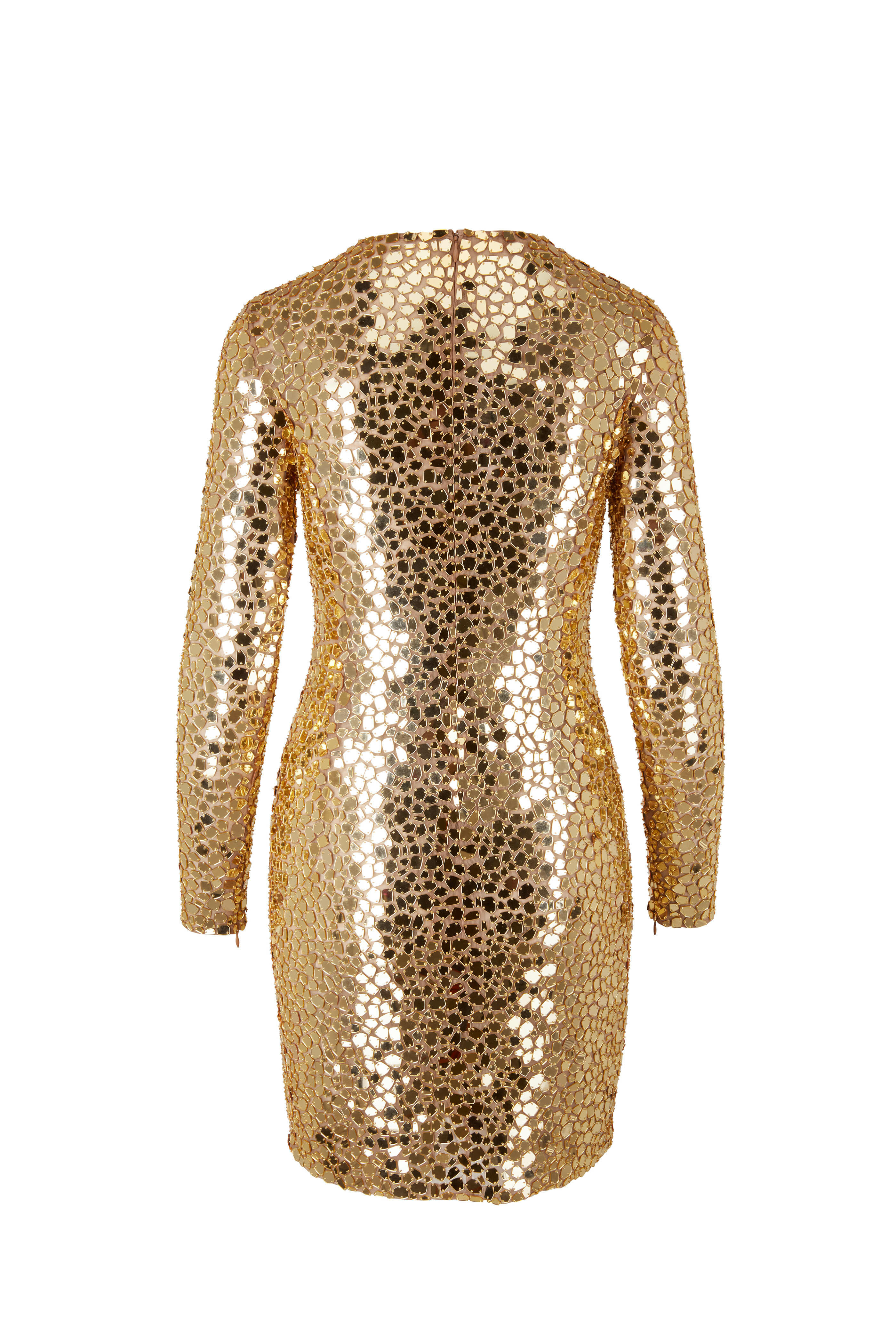 Michael Kors Collection - Gold Mirror Embellished Long-Sleeve Mini Dress