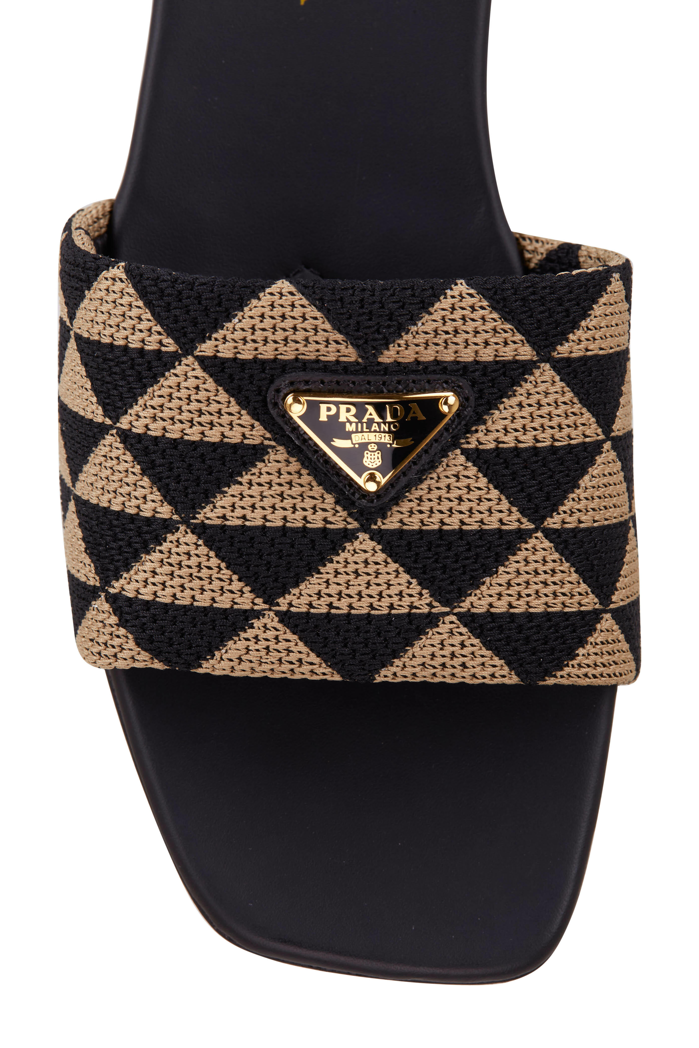 Prada Black Tan Triangle Jacquard Flat Sandal