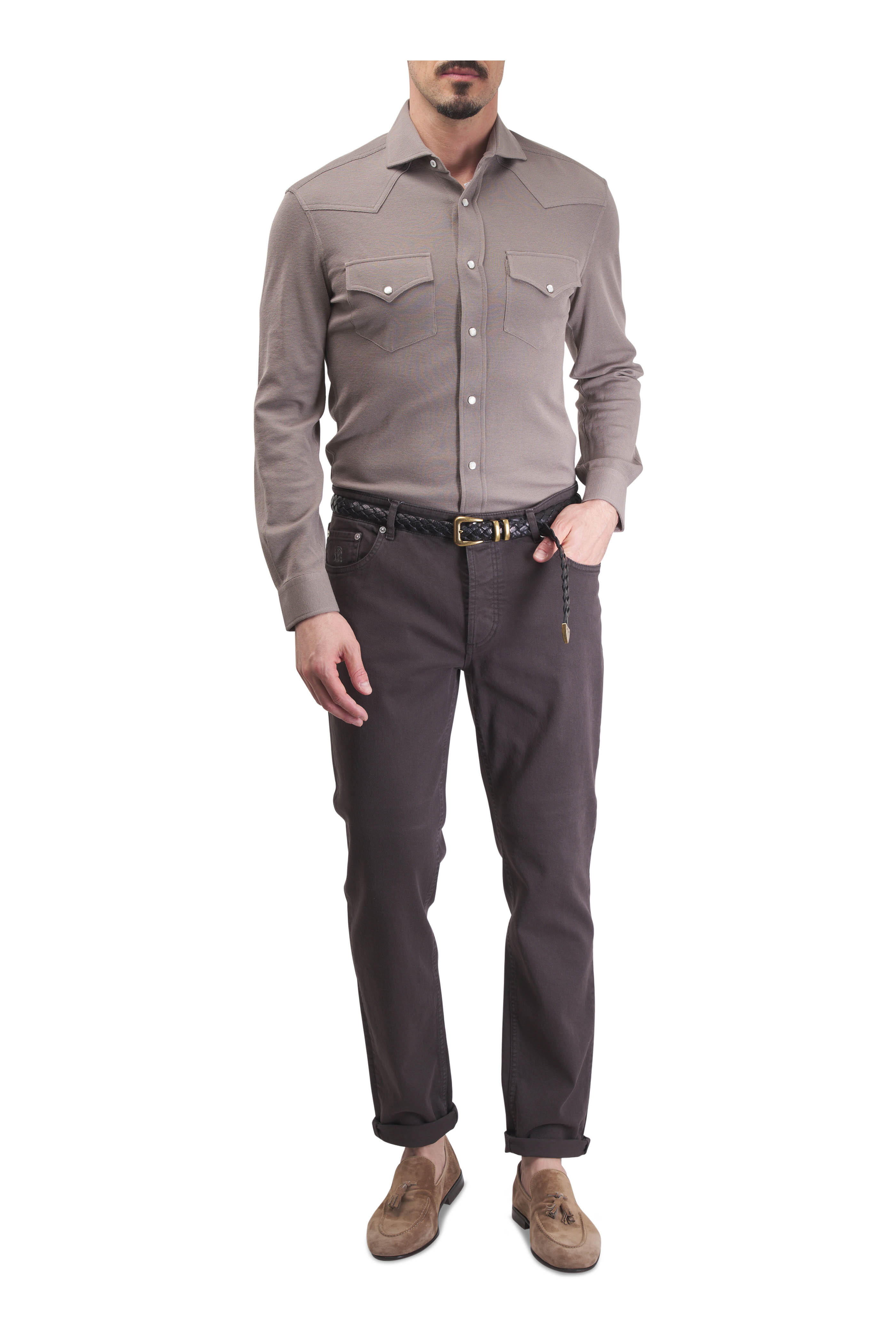 Brunello Cucinelli - Coffee Western Jersey Knit Cotton & Silk Shirt