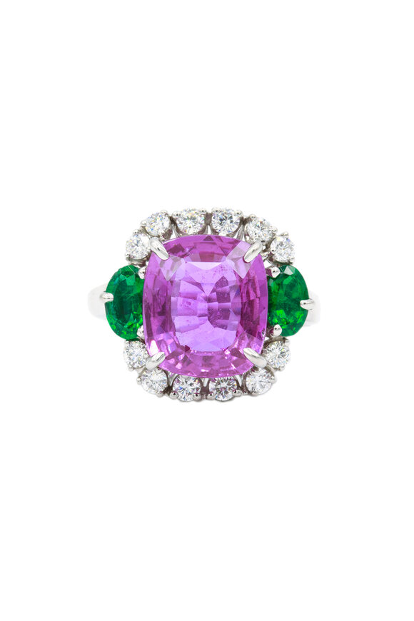 Oscar Heyman - Platinum Pink Sapphire, Emerald & Diamond Ring