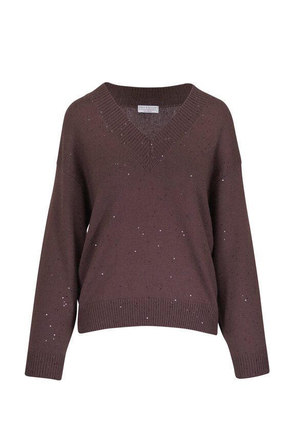 Brunello Cucinelli Fondant Cashmere & Silk Paillette V-Neck Sweater - view 1