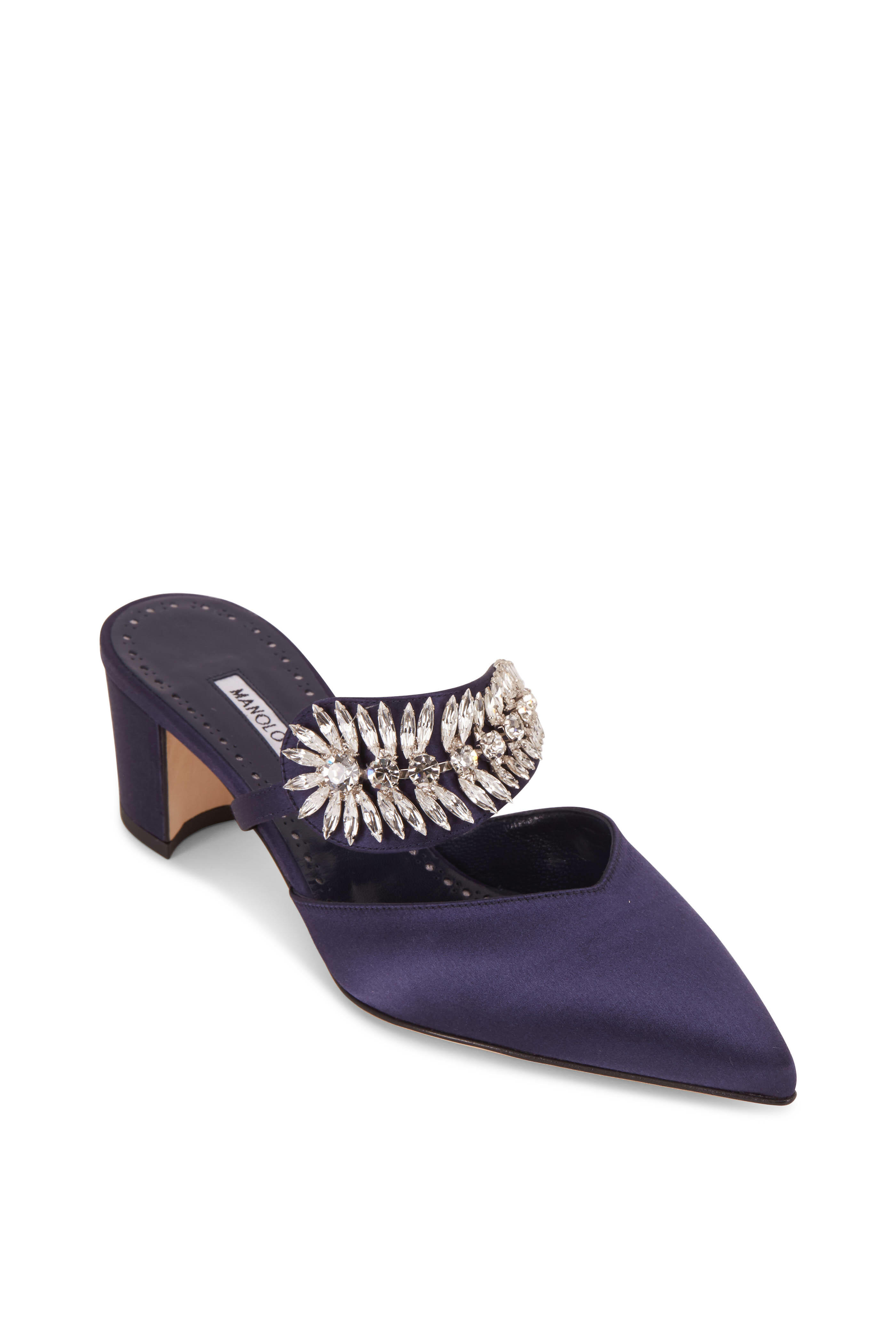 MANOLO BLAHNIK ネイビー ミュール Manolo Blahnik - Newton Navy Blue Satin Crystal Mule, 50mm