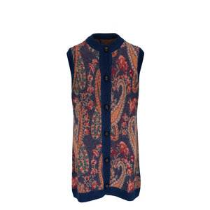 トップス ETRO Wool Knit Vest Etro - Navy Blue Paisley Knit Cardigan Vest | Mitchell Stores