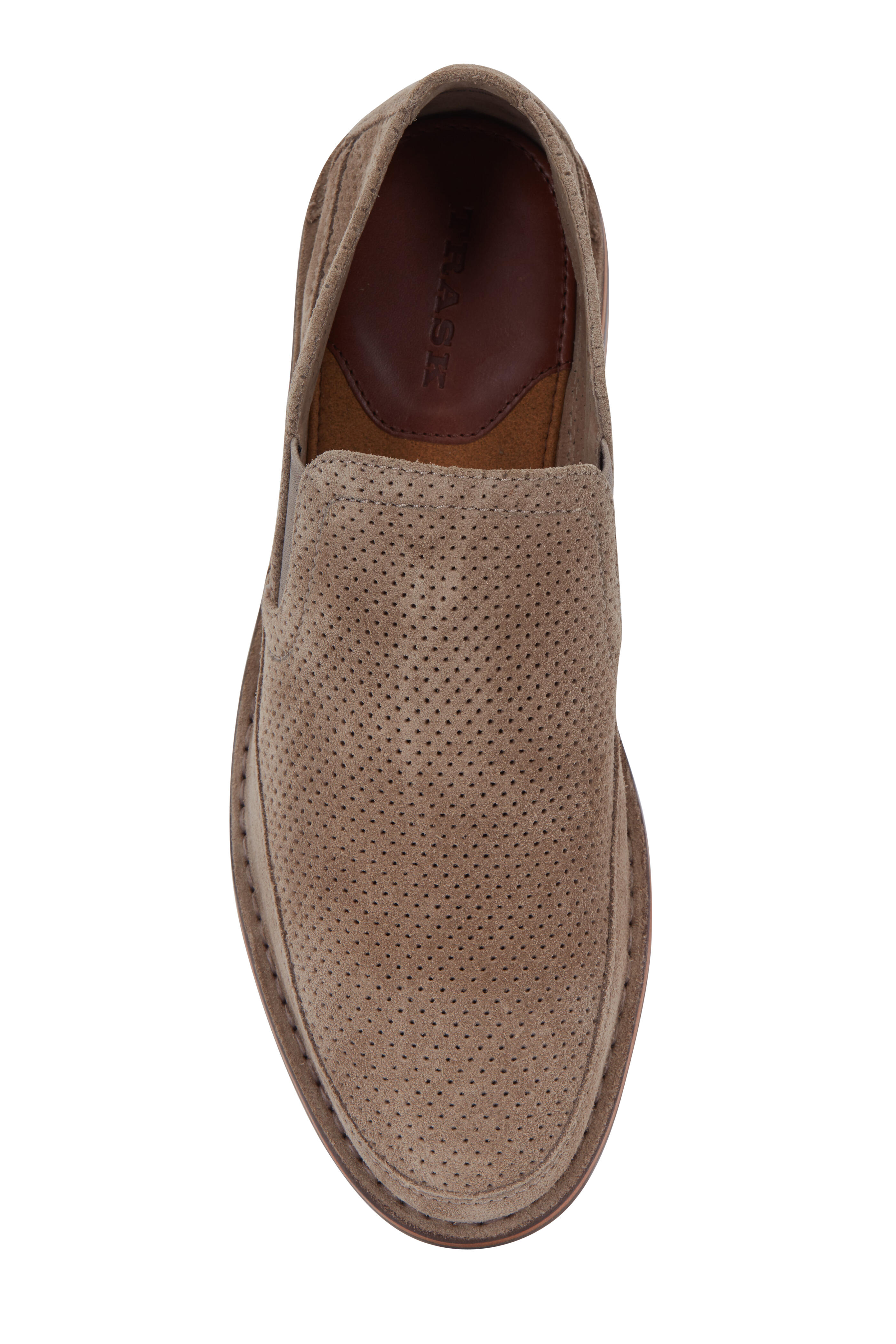 Trask Bradley Taupe Perforated Suede Loafer Mitchell Stores