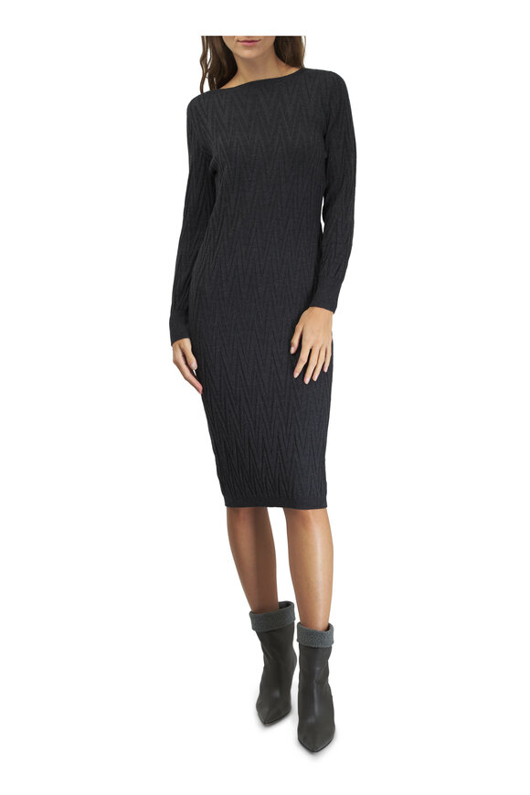 D.Exterior - Asphalt Tonal Chevron Wool Midi Dress 