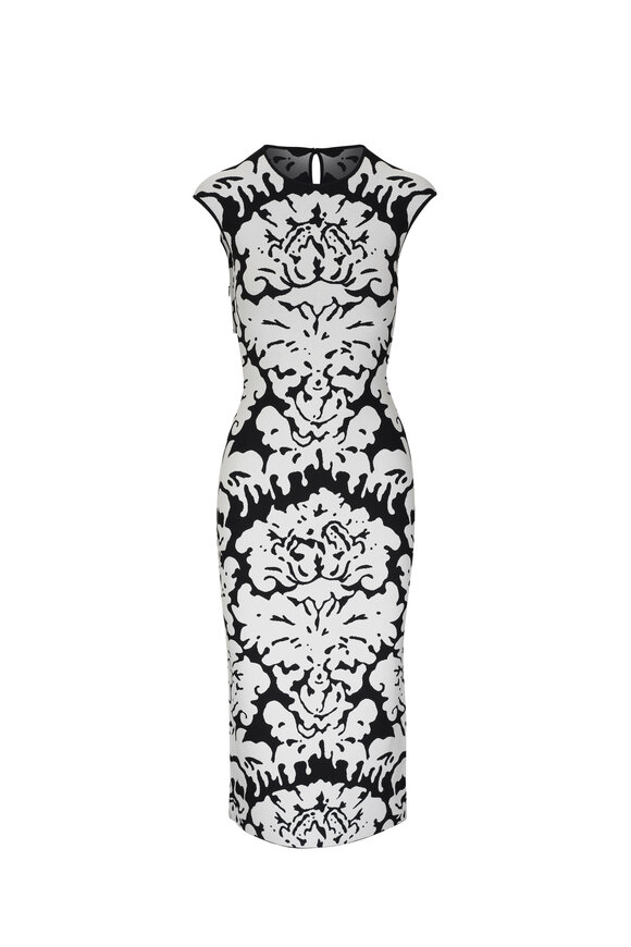 McQueen Damask Jacquard Black & White Midi Dress 
