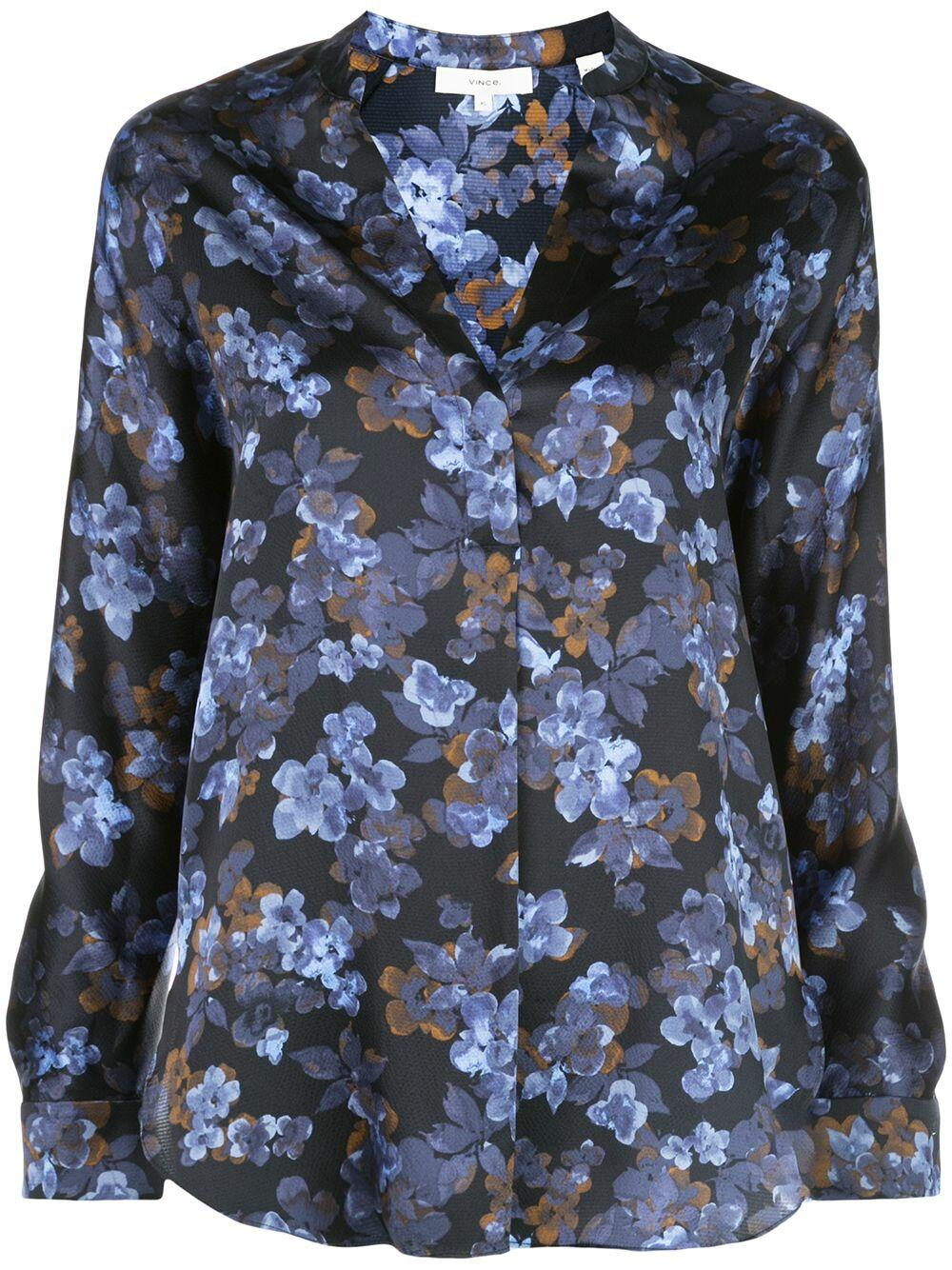 Vince - Blue Plumeria Print Silk Blouse