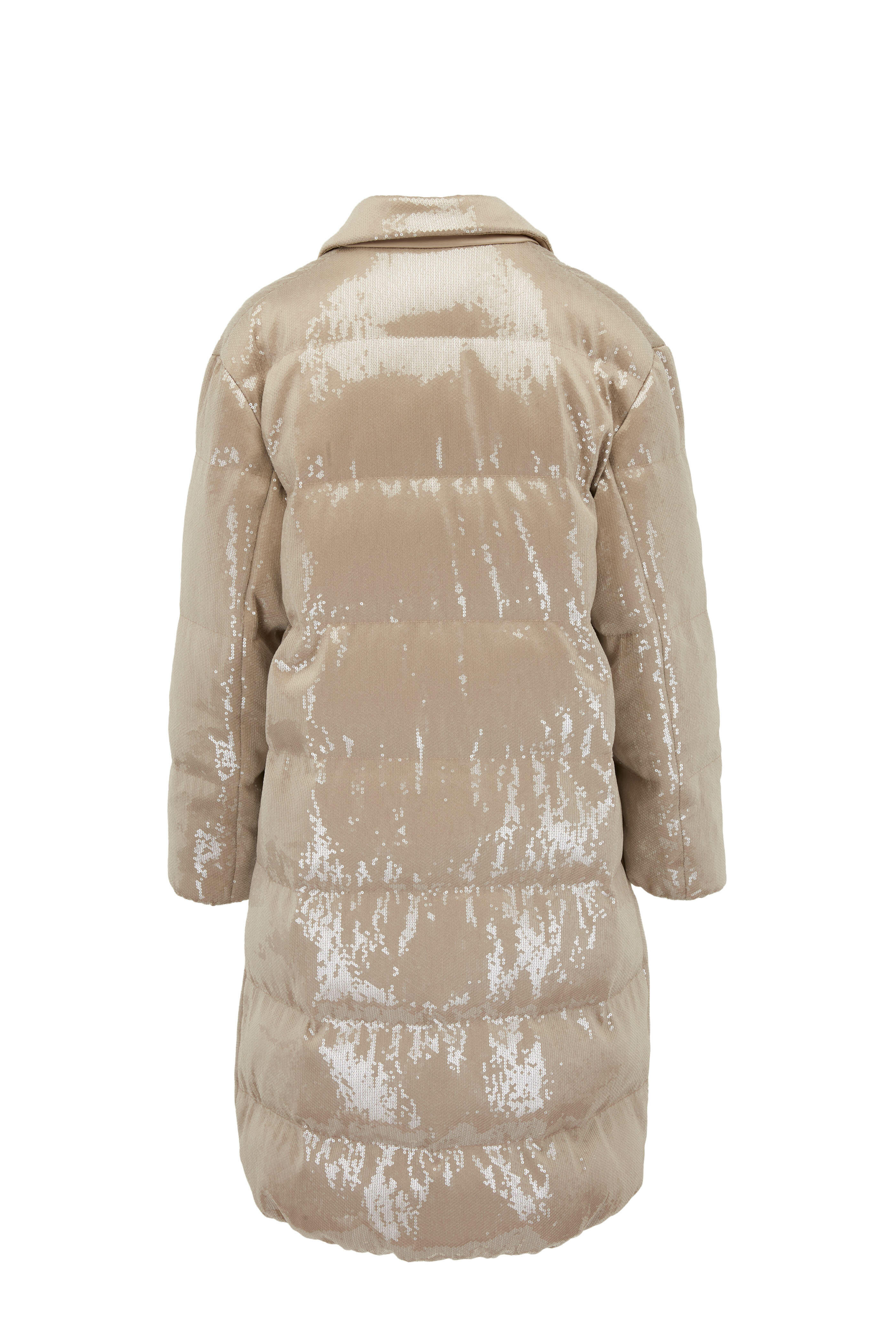 Brunello Cucinelli - Beige Paillette Double Breasted Long Down Puffer