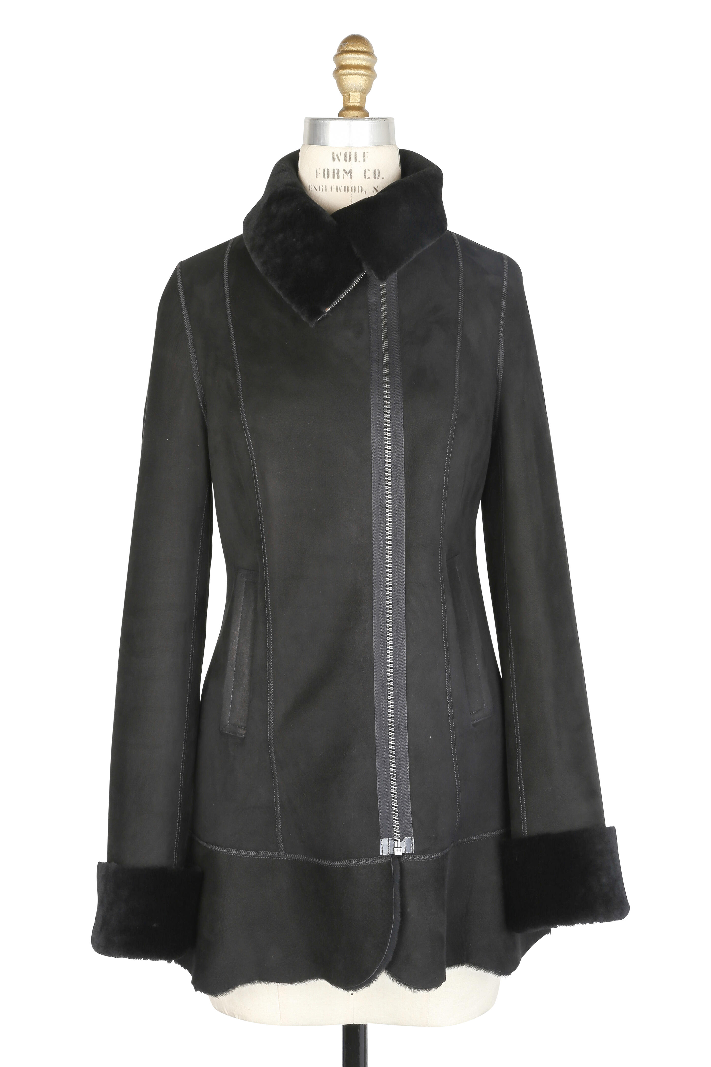 Viktoria Stass - Black Shearling Fold-Down Collar Coat