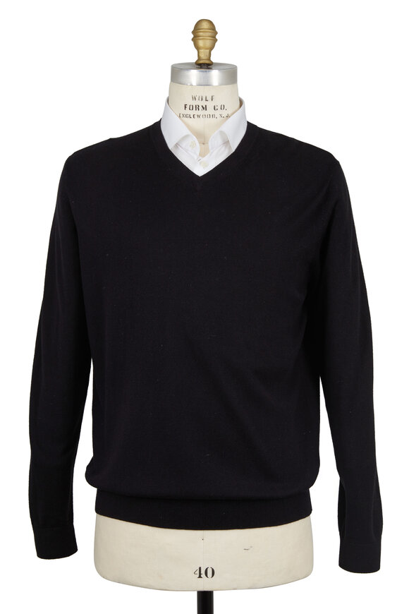 Kinross - Black Silk & Cashmere V-Neck Sweater