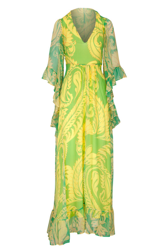 Etro Green Printed Silk V-Neck Ruffle Sleeve Gown 