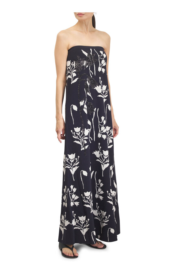Lela Rose Floral Navy & Cream Jacquard Knit Beaded Dress - view 2