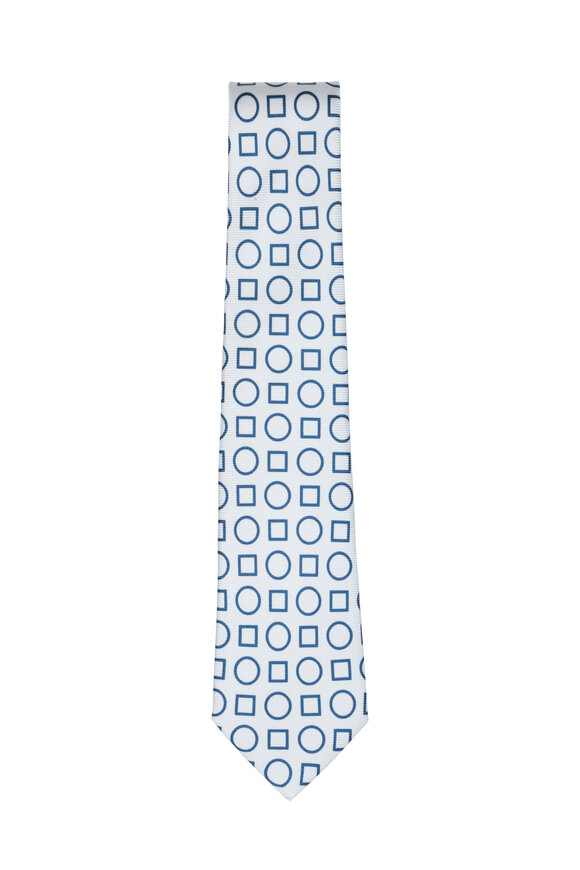 Kiton - White & Teal Geometric Silk Necktie 