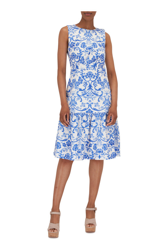 Carolina Herrera - Blue & White Floral Ruffle Hem Dress 