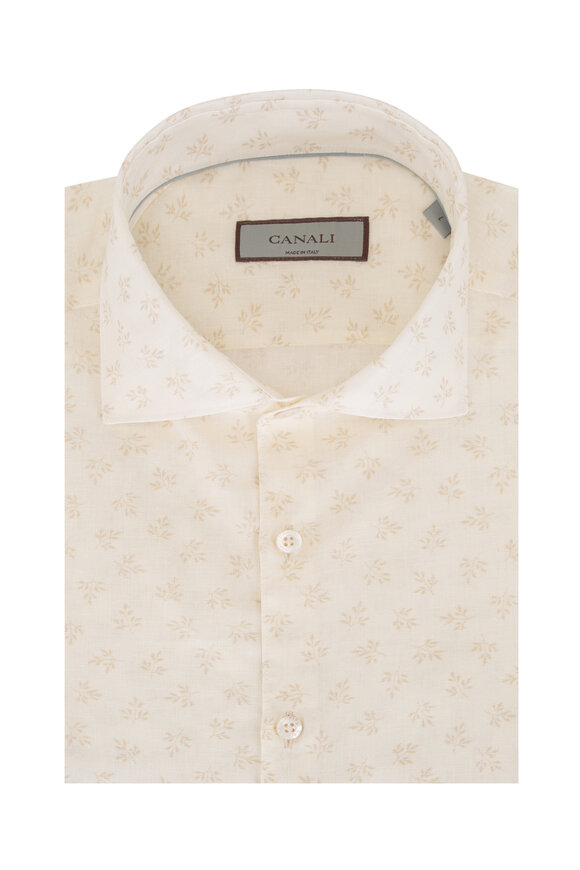 Canali White & Tan Botanical Print Dress Shirt