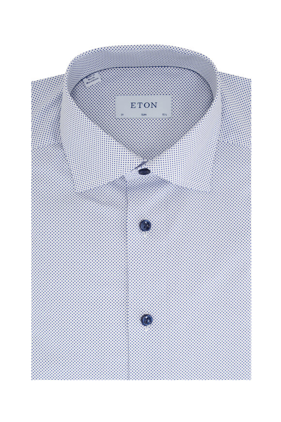 Eton - White & Blue Dot Print Cotton Dress Shirt