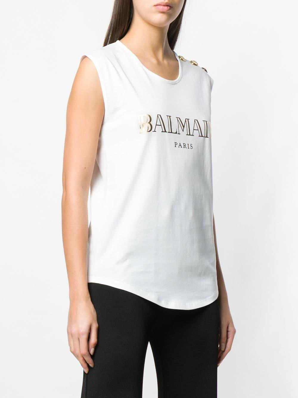Balmain - White Foil Logo Shoulder Button T-Shirt