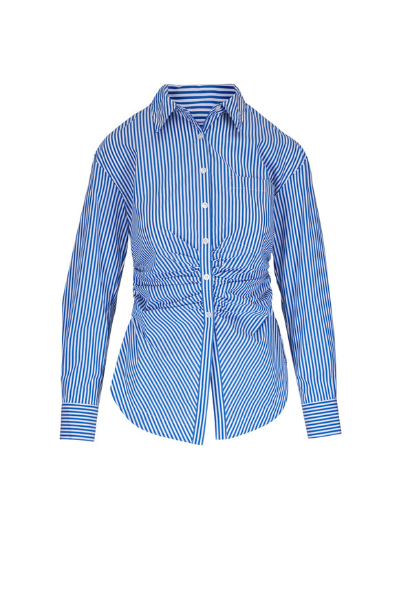 Veronica Beard Bosco White & Blue Stripe Ruched Blouse