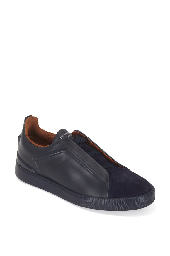 Zegna - Triple Stitch Navy Leather & Suede Sneaker