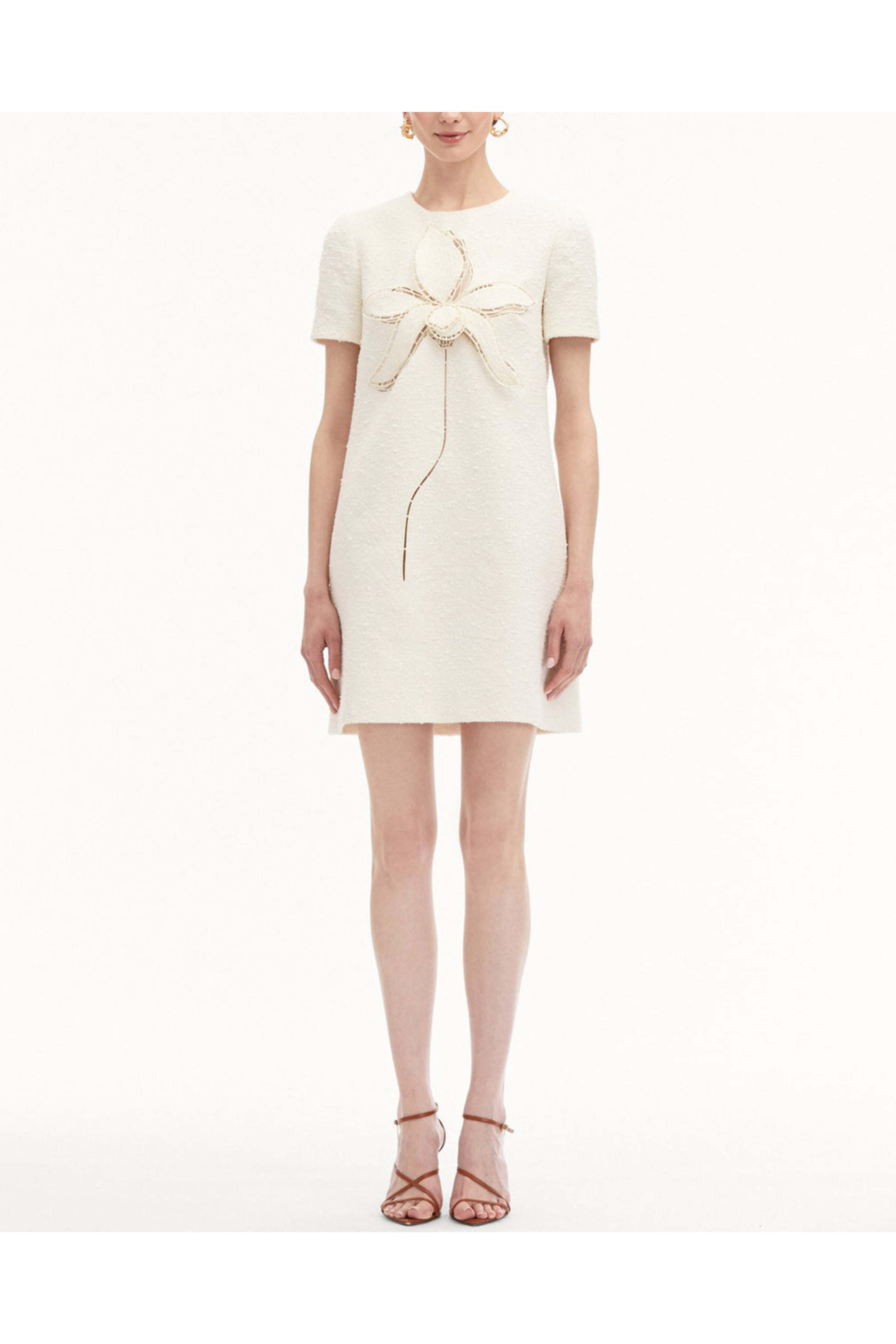 Oscar de la Renta - Ivory Floral Embellished Tweed Shift Dress
