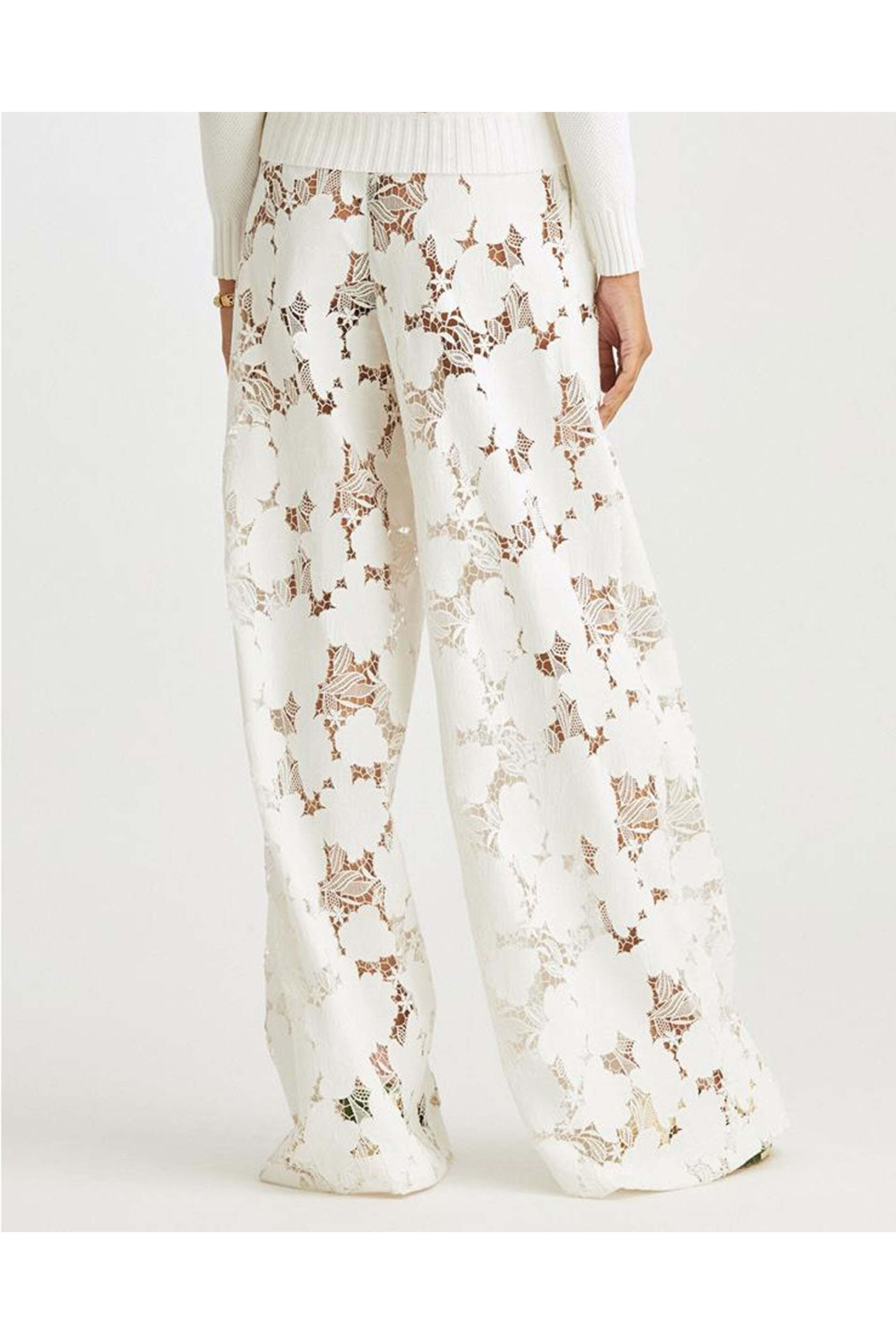 Oscar de la Renta - White Lace Magnolia Guipure Wide Leg Pant