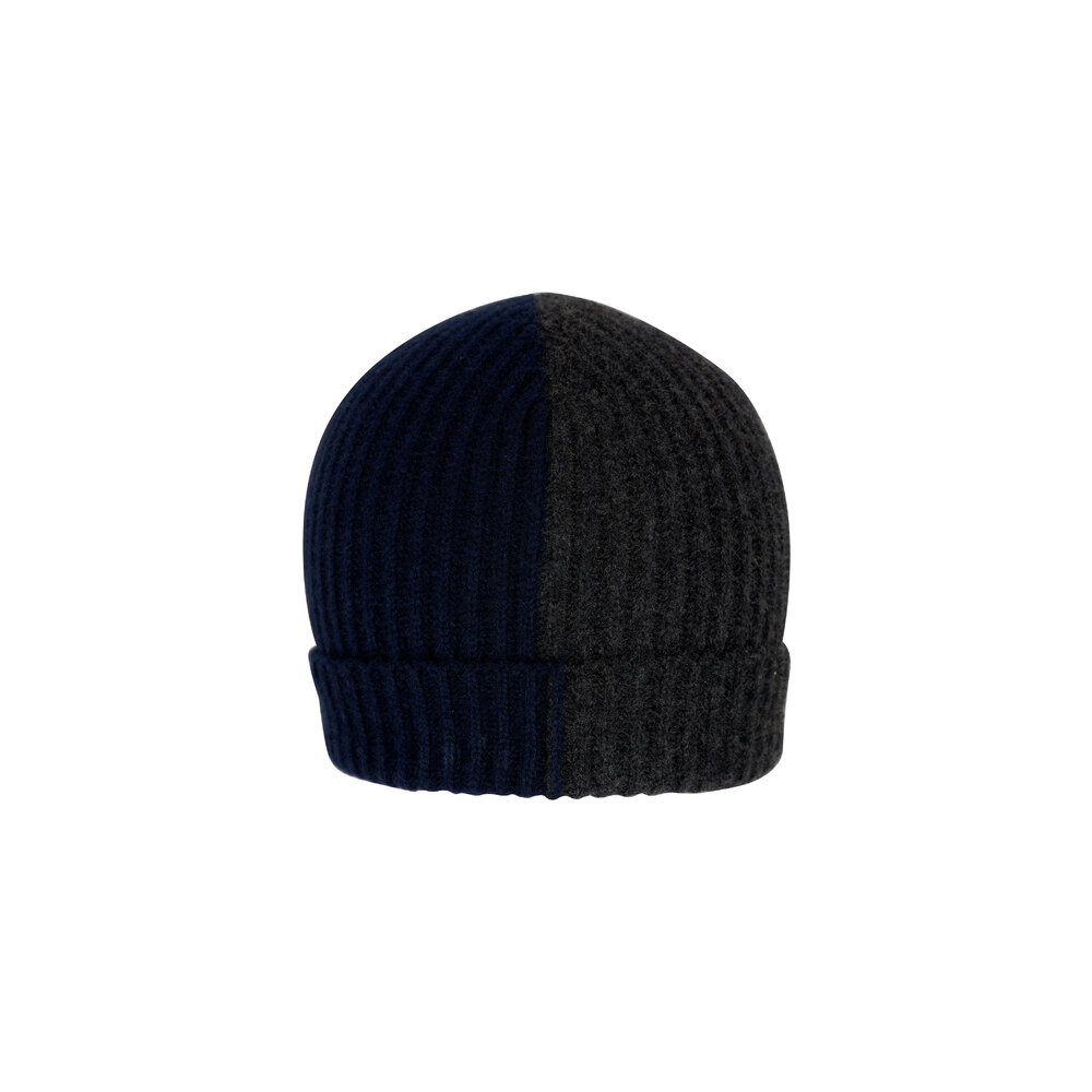 Alex Begg - Navy & Gray Bi-Color Ribbed Cashmere Beanie